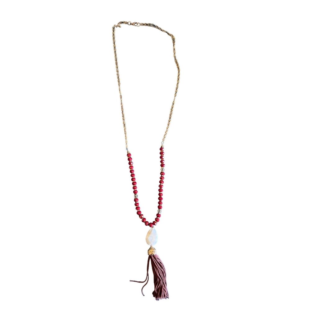 Red Long Bead Necklace With Oval White Stone